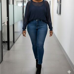 Navy Sweater with Mesh Sleeves